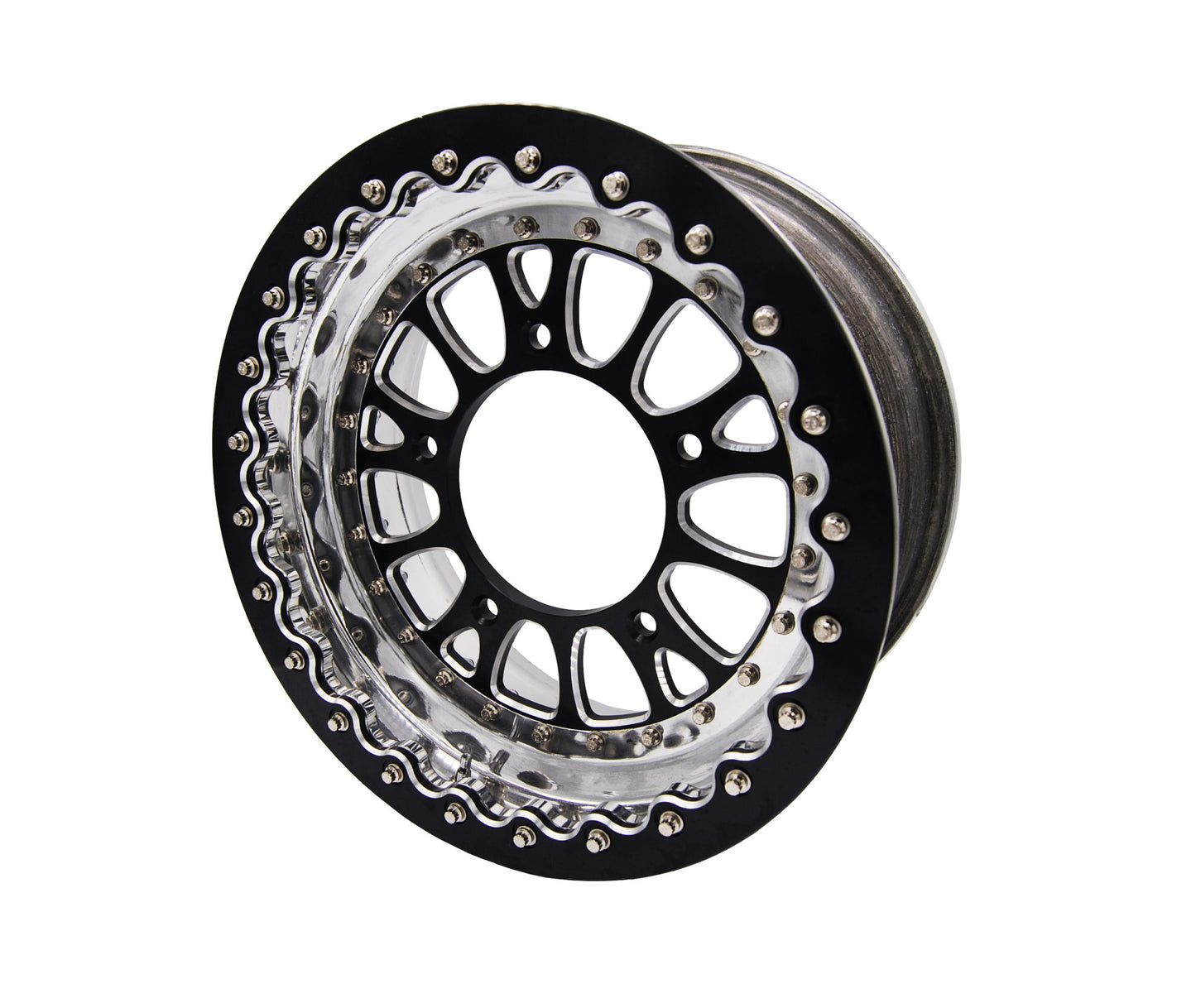 FRONT TATUM WHEEL - 7" WIDE w/ 3.5" BACKSPACE - POLISHED w/ BLACK CENTER & BEADLOCK RING